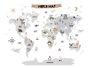 Vector world map for kids with cute animals. Children's map design for wallpaper, kid's room, wall art. America, Europa, Asia, Africa, Australia, Arctica. illustration. Animal world. Continents. © ZHUKO