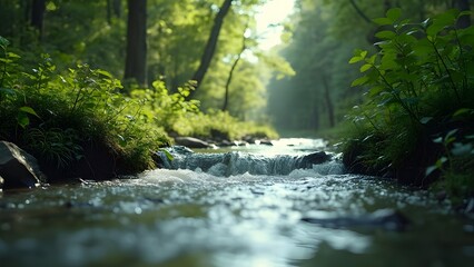 Obraz premium Serene Gray-Toned Forest Stream, Crystal Clear Water Flowing Through Lush Greenery