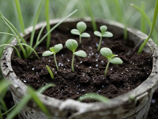 Fresh green seedlings sprouting from rich soil in a garden setting.