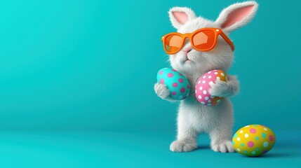 Fototapeta premium A fluffy white bunny wearing orange sunglasses holds colorful Easter eggs against a turquoise background.