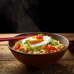 Steaming bowl of Indomie noodles topped with a fried egg, sliced chilies, and fresh green onions, served with chopsticks on a rustic wooden table