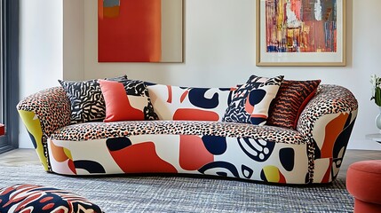 Amusing sofa with a quirky design, oversized cushions, and fun patterns 