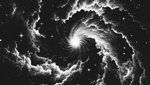 Deep space scene background in stippling style with amazing huge spiral nebula in universe. Great Attractor. Retro styled dotwork. Pointillism. Noisy grainy shading using dots. Vector illustration