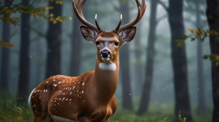 Fototapeta premium Majestic deer with large antlers in misty forest.