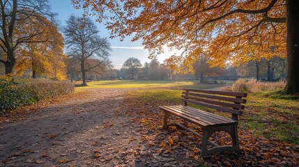 wooden bench in a bright autumn park, surrounded by vibrant trees with golden leaves. The scene is bathed in warm sunlight, with a clear blue sky above.