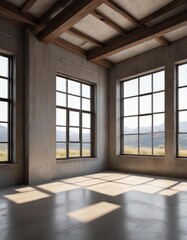 Fototapeta premium Studio windows framing the empty space and providing natural light for photography, soft light, studio windows