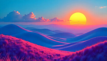 A vibrant sunset over rolling hills, with a large sun in the sky casting warm, colorful light across the landscape. The hills are covered in a lush, purple vegetation, creating a serene and dreamlike 