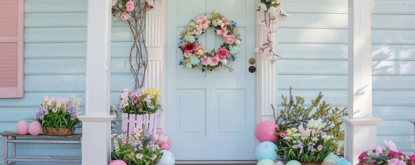 Front porch decorated for Easter with spring flowers and colored eggs, wreath on the door, pastel colors spring decorations. MZ