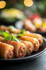 Delicious Dombii: Traditional Fried Lamb Intestines Stuffed with Meat, Garnished with Fresh Herbs for a Mouthwatering Culinary Experience
