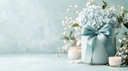 Obraz premium Tranquil Blue Hydrangeas in a Gift-Wrapped Vase