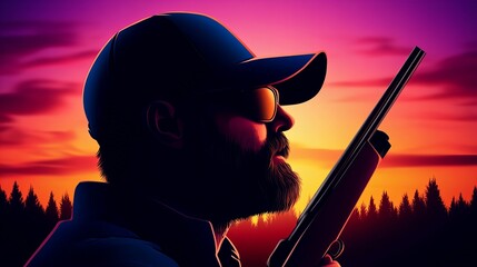 Fototapeta premium Silhouette of a bearded man in a cap, holding a rifle at sunset. Dramatic, moody colors.