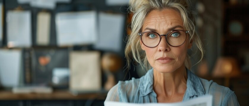 Portrait of a mature woman with glasses reading a document attentively. Ideal for illustrating articles about business, education and personal growth.