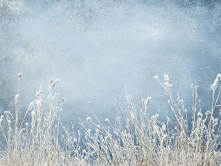 Frosty Winter Grass Against A Blue Background