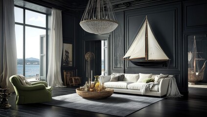 Modern living room interior with grey walls, sofa and armchair, carpet on the floor, large window with black frame, chandelier hanging from the ceiling