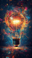 Eureka moment exploding lightbulb with colorful abstract burst