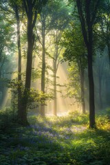 Obraz premium A misty, sunlit forest scene at dawn with tall, slender trees stretching into the sky