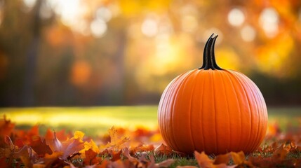 The cheerful autumn foliage creates a perfect setting for a solitary pumpkin.