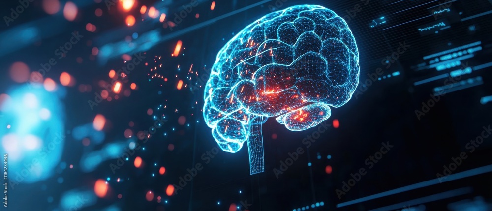 Poster a digital representation of a brain with glowing effects, surrounded by data streams, illustrating c