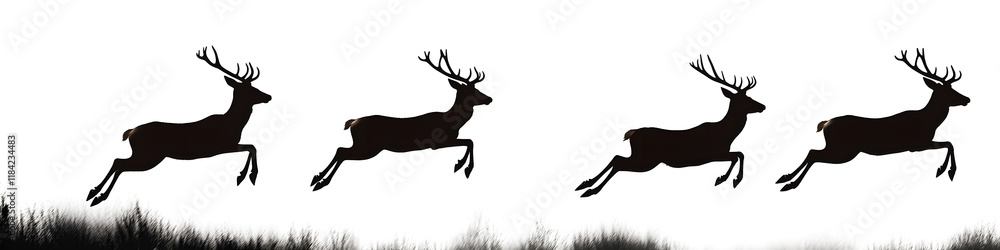 Canvas Prints collection of minimalist black and white silhouette depicting graceful leaping deer stags in a natur