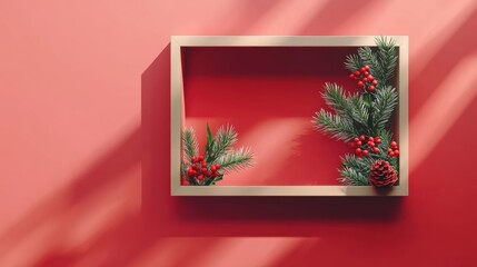 Minimalist christmas frame with pine branches and berries on red background