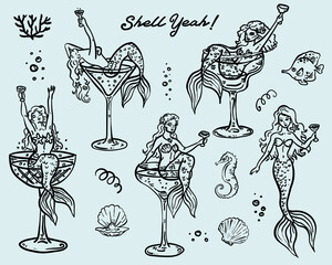 Mermaid Whimiscal Style hand drawn Party Elements Vector Set