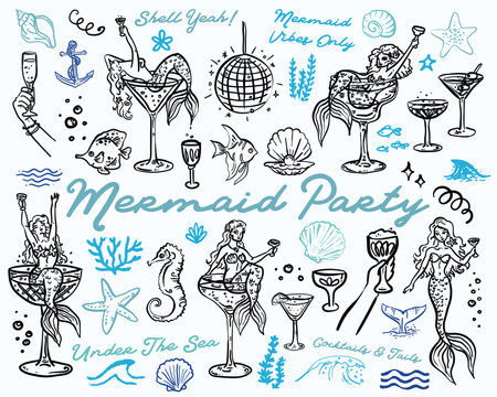Whimsical style mermaid party hand drawn elements vector set