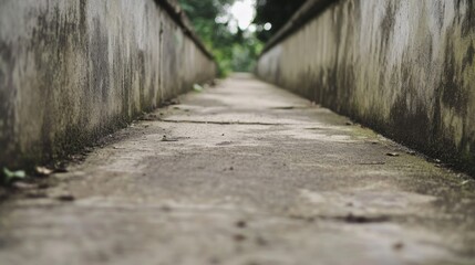 Obraz premium Narrow, aged concrete pathway between weathered walls, leading to greenery.