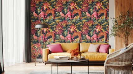Vibrant wildlife wallpaper modern living room interior design tropical environment cozy viewpoint nature concept