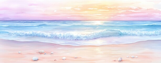 Watercolor-Themed Minimalist Art with Pastel Tones and Negative Space, Watercolor art, Minimalist design ,Pastel color palette, Negative space art Serene sunset over tranquil ocean waves