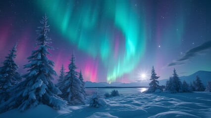 Fototapeta premium Magical Aurora Borealis Over Frozen Tundra, Emerald, Sapphire, and Pink Hues Dance Across Starry Winter Night Sky