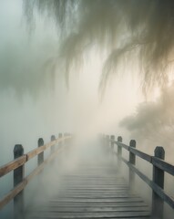 A Serene Wooden Bridge Disappearing into a Thick Layer of Fog in a Mystical Landscape Evoking a Sense of Calm and Tranquility in Nature's Embrace