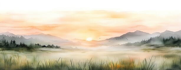 Fototapeta premium Watercolor-Themed Minimalist Art with Pastel Tones and Negative Space, Watercolor art, Minimalist design ,Pastel color palette, Negative space art Tranquil sunrise over misty mountain valley.