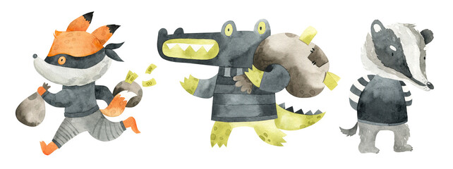 Watercolor illustration of cute animals criminals. A fox runs away with a bag of money. Crocodile thief in a mask. A badger is a criminal in a striped prison uniform. Police.