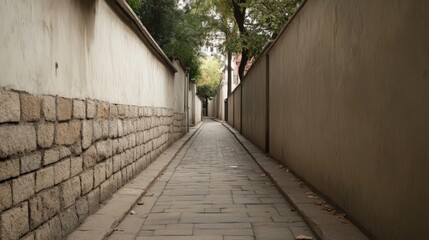 Narrow alleyway between high stone and plastered walls.