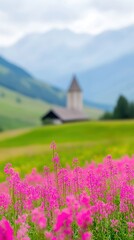 Closeup View of Vibrant Wildflowers in a Picturesque Mountainous Landscape with Distant Church in Summer Scenery