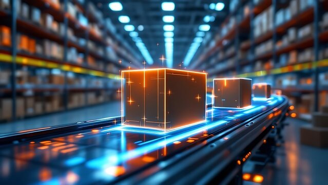 Smart warehouse management system using augmented reality technology to identify package picking and delivery . Future concept of supply chain and logistic busines