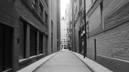 Narrow city alleyway in black and white.