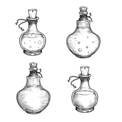 Witch potion sketch set. Poison, drug, decoction in hand drawn style. Magic bottled drinks. Vector illustrations collection.