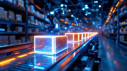 Smart warehouse management system using augmented reality technology to identify package picking and delivery . Future concept of supply chain and logistic busines