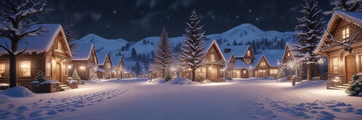 Naklejka premium A beautiful Christmas Eve scene featuring a snow-covered landscape, twinkling lights, and sparkly decorations, snowy scene, winter wonderland