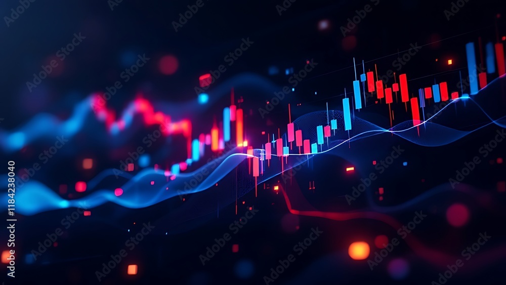 Poster stock market investment graph with indicator and volume data.