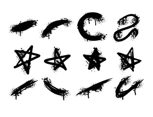 Graffiti spray print. Set of urban black splatter. Ink paint spot. Brush stain drop art. Abstract texture grungy element