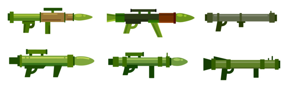 Bazooka gun. Rocket rpg launcher. War and battle element. Explosive missile handgun. Cannon or rifle weapon. Army anti tank bazooka equipment. Flat grenade military firearm