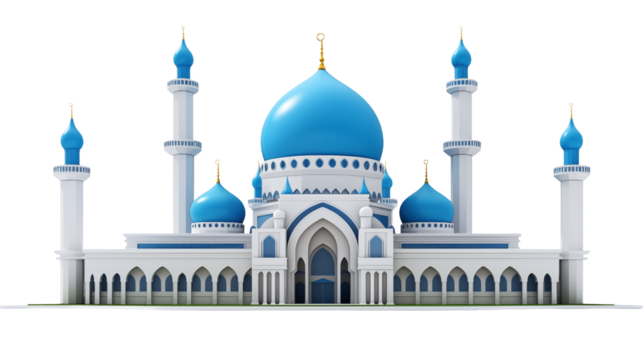 Stunning 3D Render of a Majestic Blue and White Mosque - Ideal for Religious and Cultural Designs transparency background