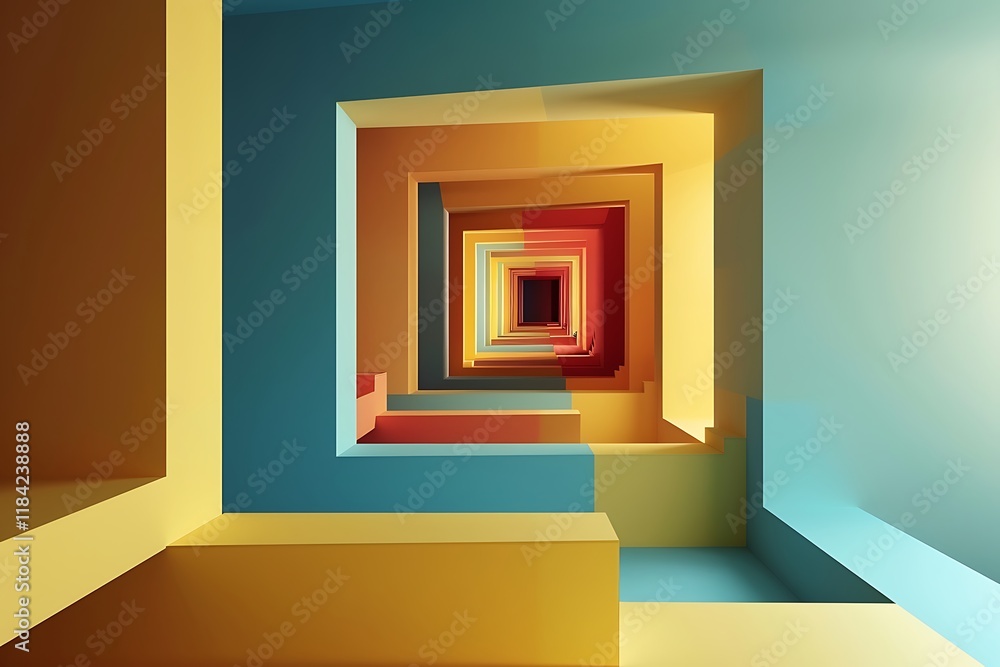 Poster a digital rendering of a colorful, nested square tunnel. warm and cool tones create a depth illusion