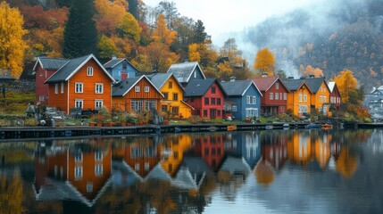 Fototapeta premium Vibrant autumn village reflected in still water, a picturesque scene of colorful houses and tranquil nature.