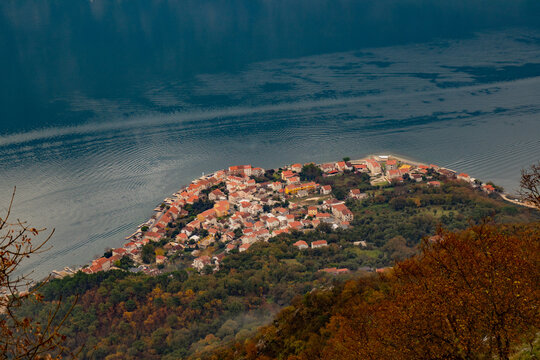 High angle view of Kotor Bay and old town from Lovcen mountain at autumn, Montenegro, shot on Sony A7III