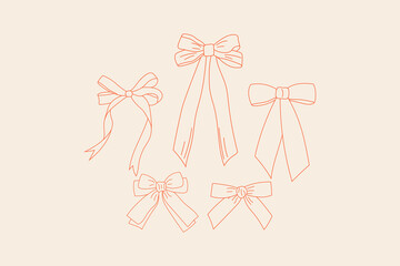Set of various doodle bow knots, gift ribbons. Trendy hair braiding accessory. Perfect for decoration, celebrations, weddings, and party designs