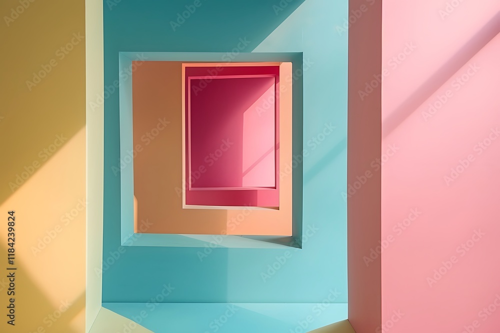 Poster a digitally rendered image showcasing nested square frames within a room featuring pastel yellow, pi