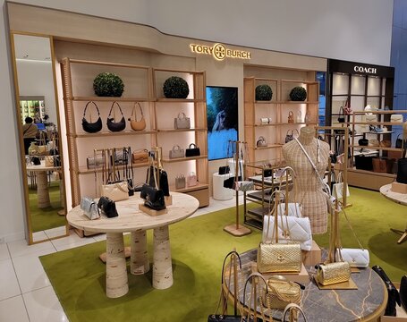 Tory Burch brand sign and logo in the bags department at the Nordstrom flagship store at 225 West 57 Street, NY, USA.Photo by Artist Nadia Russ.  